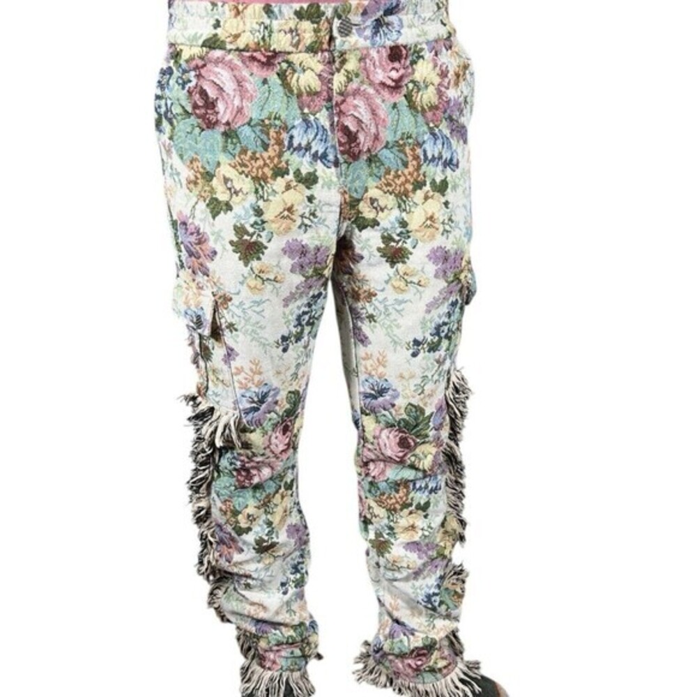 Vintage Guapi Floral Tapestry Mid Rise Frayed Edge Cargo Trouser Pants Size 32